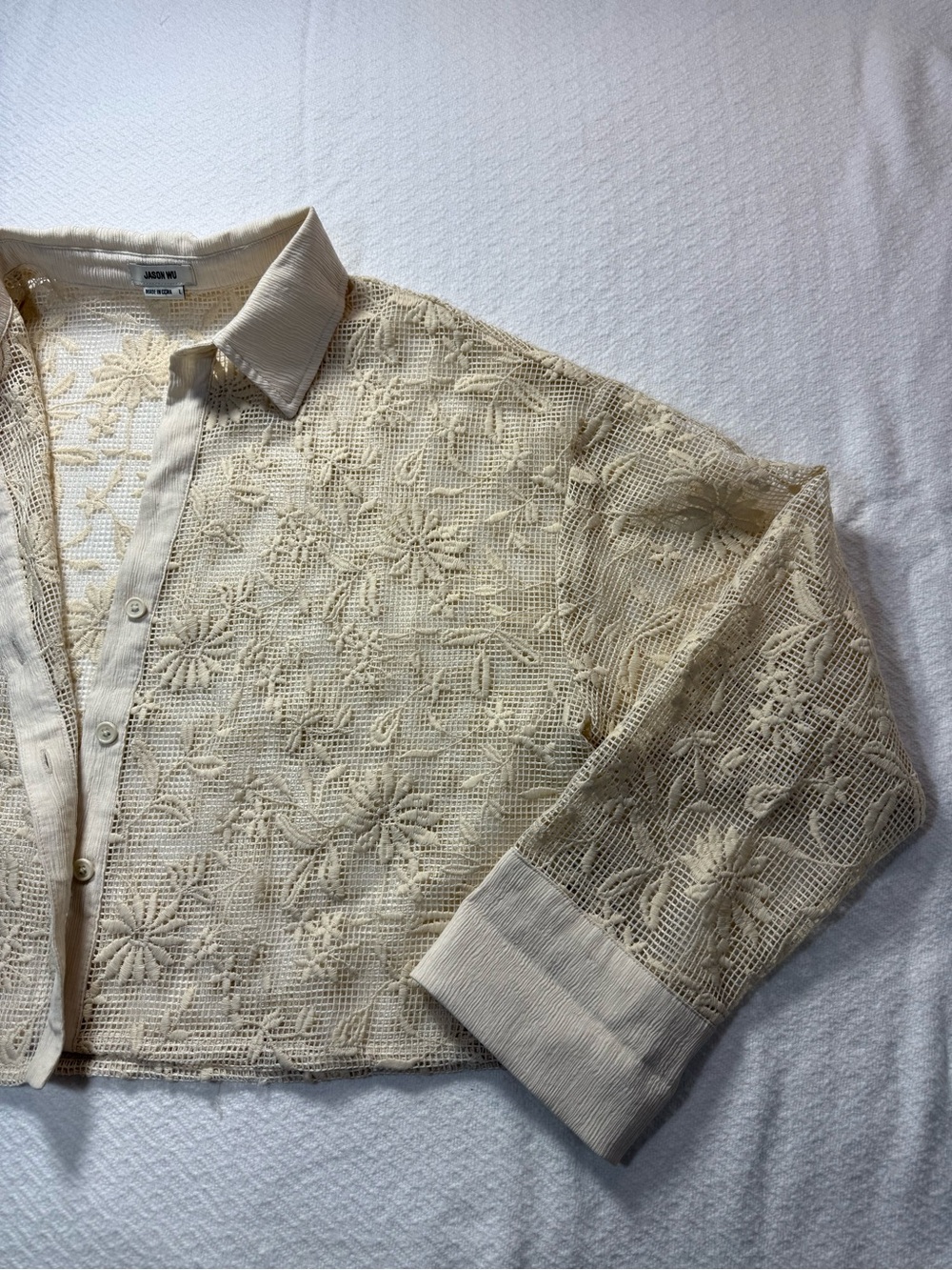 Jason Wu Ivory Floral Embroidered Lace Cropped Button Front Blouse L - Picture 5 of 10